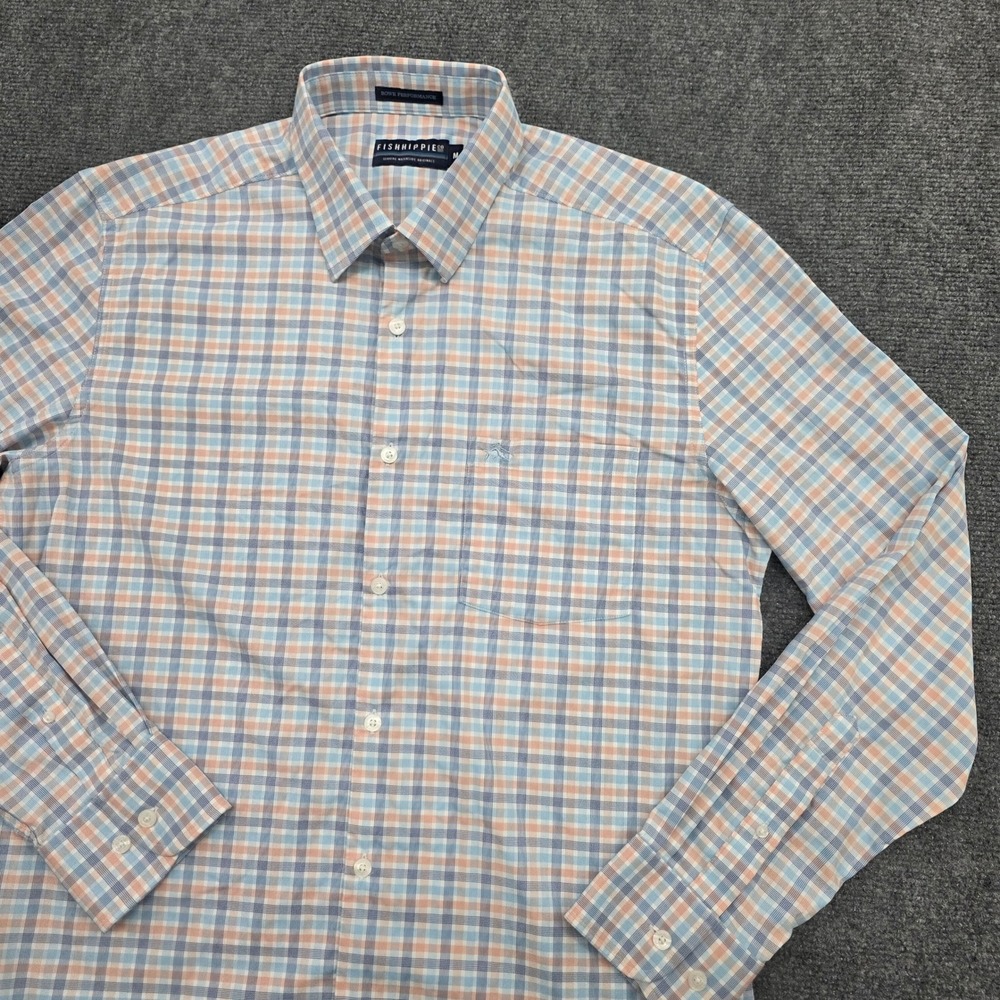 Fish Hippie Bowe Performance Plaid Button Down Shirt Mens Medium Blue Orange